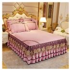 Lastikli Yatak Eteği Fırfırlı, Lüks Yatak Örtüsü Yatak Düğün Yatak Örtüsü Dantel Yatak Örtüsü Battaniye Kumaş King Queen Boyut Yastık Kılıfları ile(Pink,3pcs 150x200cm)