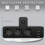 LastTech Akım Korumalı Çoklu Priz, 3 Adet USB 1 Adet Type-C Girişi, 3 Adet Priz Girişi, 2500W Termal Koromalı - Siyah