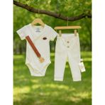 L'atelier Midumi Bebek, Unisex, Kısa Kollu Kruvaze Yaka Body, Cepli, Düğme Detaylı Pantolon ve Emzik Askılı 3'lü Set - 0 - 3 Ay - Ekru