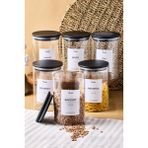Laura 6'lı Siyah Ahşap Kapak Cam Kavanoz 1000 ml 10X15 cm 16 Adet Etiket Hediyeli - Şeffaf