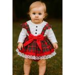 Laura Baby Ekoseli ve Fiyonklu Kız Bebek /çocuk Özel Gün/doğum Günü /party Romper Tulum - 9 - 12 Ay - Kırmızı