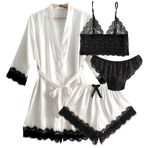 Laura in - Bayan Pijama Saten Pijama, Seksi Siyah Dantelli, 4 Parçalı, Bornoz, Üst Sütyen, Külot ve Şort. Zarif ve rahat., Beyaz, M