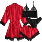 Laura in - Bayan Pijama Saten Pijama, Seksi Siyah Dantelli, 4 Parçalı, Bornoz, Üst Sütyen, Külot ve Şort. Zarif ve rahat., Kırmızı, S