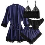 Laura in - Bayan Pijama Saten Pijama, Seksi Siyah Dantelli, 4 Parçalı, Bornoz, Üst Sütyen, Külot ve Şort. Zarif ve rahat., Mor, M