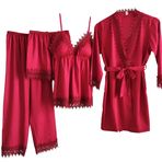 Laura Lily Kadın İpek Çizgili Saten Pijama Dantelli 4 Parça Set, Kırmızı M38