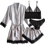 Laura Lily - Kadın pijama saten, seksi siyah dantel, 4 parça, bornoz, üst sütyen, külot ve şortlar. Zarif ve rahat., Gri, M