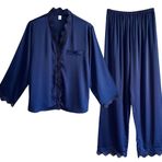 Laura Lily Women - Bayan pijama seti, saten ipek, 2 adet saten pijama, dantelli, uzun kollu gecelik ve uzun pantolon., Lacivert, M
