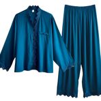 Laura Lily Women - Bayan pijama seti, saten ipek, 2 adet saten pijama, dantelli, uzun kollu gecelik ve uzun pantolon., Mavi, M
