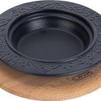 Lava 18 cm Siyah Döküm Oval Döner Sos Tabağı Kayın Servis Ahşabı