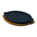 Lava 18x24 cm Siyah Döküm Oval Fajita Tabağı Döküm Demir Yekpare Çift Kulplu Kayın Servis Ahşabı
