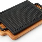 Lava 22x30 cm Siyah Dikdörtgen Çift Yön Izgara Hot Plate Döküm Demir Yekpare Çift Kulplu Kayın Servis Ahşabı