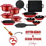Lava Döküm 12x Trendy Serisi 17 Parça Kırmızı Tencere & Tava Seti Emaye Kaplama ile