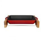 Lava Döküm Dikdörtgen Rosto Ve Fırın Tepsisi Kayın Servis Ahşabı Döküm Demir Yekpare Çift Kulplu Ölçü 22x30cm.