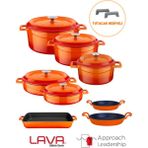 Lava Döküm Tencere Tava Seti Turuncu 28 cm Ebatlar Emaye Kaplama ile Şık Tasarım Hediyeli - 28 cm, 28 cm, 24 cm, 24 cm, 20 cm, 26*40 cm, 16cm, 20 cm