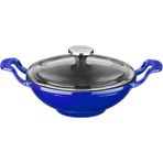 Lava Döküm Wok Tava 16 Cm Mavi Renk Çift Metal Kulplu Cam Kapaklı Lava Tava