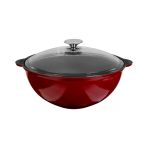 Lava Döküm Yuvarlak Cam Kapaklı Özbek Kazanı / Tencere. Döküm Demir Yekpare Kulplu Çap(Ø)28 Cm.-Bordo