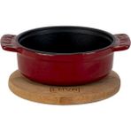 Lava Döküm Yuvarlak Güveç Kabı Döküm Demir Yekpare Çift Kulplu Kayın Servis Ahşabı ÇAP(Ø)11CM.-BORDO - 11 cm