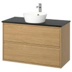 Lavabo Dolabı Kombinasyonu, Meşe Görünümlü-Siyah Mermer Görünüm, 102X49X80 Cm, Brogrund Batarya