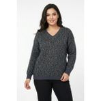 Lavella Kadın V Yaka Leopar Desen Sakallı Triko Kazak BGL-ST05079 - Füme - M - L