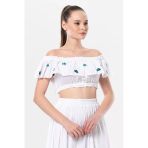 Lavinya Vual Lastik Detaylı Nakışlı Yazlık Crop Bluz Beyaz Byz L/Xl Beyaz