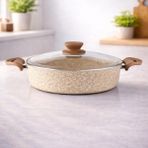 Lavonni Diez 22 Cm Granit Basık Tencere Cappucıno Yapışmaz Karnıyarık & Pilav Tenceresi Cam Kapaklı - Kahverengi