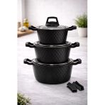 Lavonnı Obsidyen 6 Parça Döküm Granit Tencere Seti Siyah | 16-18-20 Cm | Yapışmaz Çizilmeye Dayanıklı Kaplama | Cam Kapaklı | Eşit Isı Dağılımı | Çeyizlik Mutfak Seti