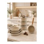 LAVONNI Obsidyen Comfort Set 10 Parça Döküm Granit Tencere Sahan ve Sosluk Seti 16-18-20 cm Tencere 18-20-22 cm Sahan 14 cm Sosluk Cappuccino