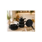 LAVONNI Obsidyen Family Set 10 Parça Döküm Granit Tencere Sahan ve Pankek Tava Seti 16-18-20 cm Tencere 18-20-22 cm Sahan Siyah