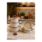 LAVONNI Obsidyen Premium 9 Parça Döküm Granit Tencere ve Sahan Seti 16-18-20 cm Derin Tencere + 18-20-22 cm Sahan Cappuccino