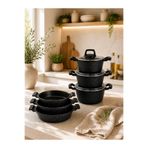 LAVONNI Obsidyen Premium 9 Parça Döküm Granit Tencere ve Sahan Seti 16-18-20 cm Derin Tencere + 18-20-22 cm Sahan Siyah