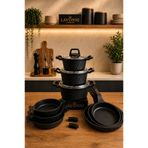 LAVONNI Obsidyen Prestige Mega Set 12 Parça Döküm Granit Tencere Tava ve Sahan Seti 16-18-20 cm Tencere 18-20-22 cm Sahan 20-24-28 cm Tava Siyah