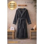 Layvera Erkek-Kadın Antrasit Bornoz | %100 Pamuk-Kapüşonlu-Biyeli-Cepli-Siyah - 2XL