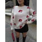 LB Laluna Butik Kadın Mantar Desenli Triko Kazak - Standart - 130-Krem Rengi