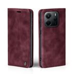 LBH Xiaomi Redmi Note 14 için cep telefonu kılıfı, şarap kırmızısı, kart ve para bölmeli akıllı telefon kılıfı, dik durma fonksiyonlu, kapaklı kılıf, koruyucu kılıf, mıknatıslı kilit, vintage