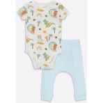 LC Waikiki Baby Bisiklet Yaka Kısa Kollu Baskılı Erkek Bebek Çıtçıtlı Body ve Pantolon 2'li Takım - 3 - 6 Ay - Krem