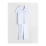 LC Waikiki Beyaz Gömlek Yaka Çizgili Kız Çocuk Pijama Takım (S6)