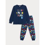 LC Waikiki Bisiklet Yaka Baskılı Uzun Kollu Erkek Çocuk Pijama Takımı - 11 - 12 Yaş - Lacivert