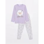 LC Waikiki Bisiklet Yaka Baskılı Uzun Kollu Kız Çocuk Pijama Takımı - Lila - 6 - 7 Yaş