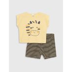 LC Waikiki Bisiklet Yaka Kısa Kol Baskılı Pamuklu Erkek Bebek Pijama Takımı - 9 - 12 Ay - Sarı