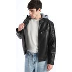 LC Waikiki Erkek Xsıde Slim Fit Kapüşonlu Siyah Deri Görünümlü Mont Orta Kalınlık ve Suni Deri Kumaş - 2XL