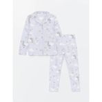 LC Waikiki Gömlek Yaka Desenli Uzun Kollu Kız Çocuk Pijama Takımı - Lacivert - 8 - 9 Yaş