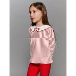 LC Waikiki Kırmızı Bebe Yaka Uzun Kollu Çizgili Kız Çocuk Tişört - Kırmızı Çizgili - 4 - 5 Yaş