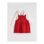 LC Waikiki LCW baby Kırmızı Bebe Yaka Nakışlı Kız Bebek Bluz ve Salopet Elbise