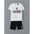 LC Waikiki Lcw Kids Beyaz Bisiklet Yaka Beşiktaş Baskılı Erkek Çocuk Şortlu Pijama Takımı