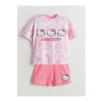 LC Waikiki LCW Kids Beyaz Bisiklet Yaka Hello Kitty Baskılı Kısa Kollu Kız Çocuk Şortlu Pijama Takımı