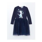 LC Waikiki LCW Kids Lacivert Bisiklet Yaka Elsa Baskılı Uzun Kollu Kız Çocuk Elbise