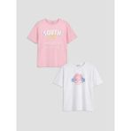 LC Waikiki Lcw Kids Pembe Bisiklet Yaka Baskılı Kız Çocuk Tişört 2'li - 9 - 10 Yaş