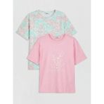 LC Waikiki Lcw Kids Pembe Bisiklet Yaka Desenli Kız Çocuk 2'li Tişört - 7 - 8 Yaş
