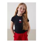 LC Waikiki LCW Kids Siyah Bisiklet Yaka Hello Kitty Nakışlı Kız Çocuk Crop Tişört