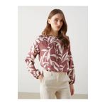 LC Waikiki LCWAIKIKI Classic Kahverengi Bağlamalı Yaka Desenli Kadın Bluz T T